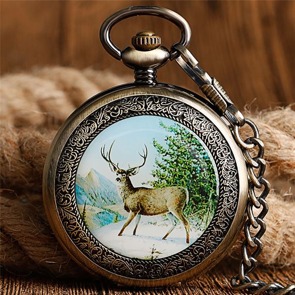 Vintage bronzo/argento meccanico a carica manuale orologio da taschino scheletro orologio retrò Walking Elk Deer Fob ciondolo catena regalo unisex