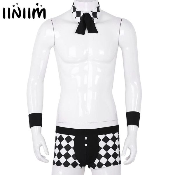 

mens black exotic maids butler cosplay costume lingerie set black&white plaid boxer briefs underwear with collar and handcuffs