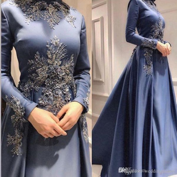 

navy blue dubai arabic мусульманские платья вечера 3d цветочные аппликациями высокая шея длинные рукава crystals линию формальное пром плать, Black;red