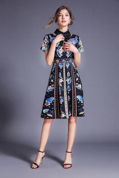 

summer new women's european and american style fashion print lapel short sleeve thin a-line dress, Black;gray