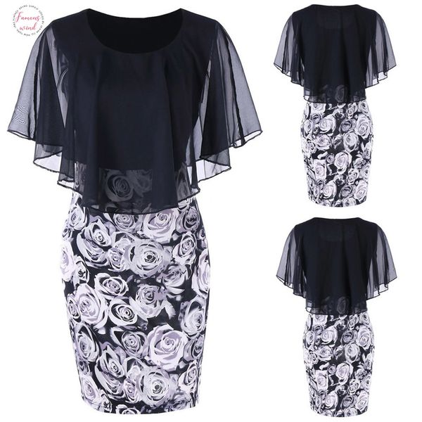 

chiffon womens dress casal rose print o neck party dress womens dress womens rough pajamas summer party, Black;gray