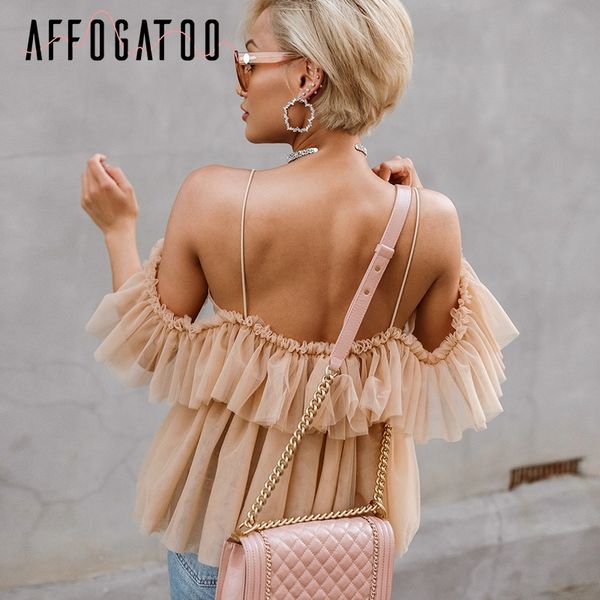 

strap ruffles mesh blouse women shirt v neck off shoulder summer blouse streetwear peplum blusas 2018 new, White