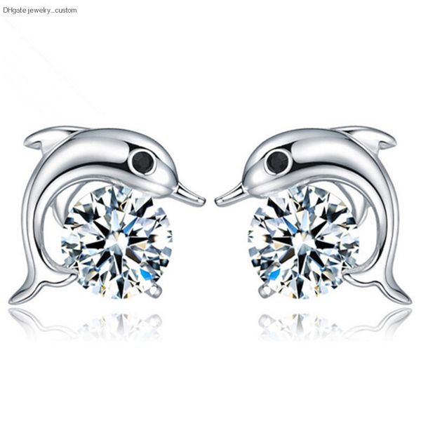

Fashion Stud Earring Fish Dolphins Design Beautiful Unique Sliver Earring Animal Cute For Women Jewelry Girl Gift E032