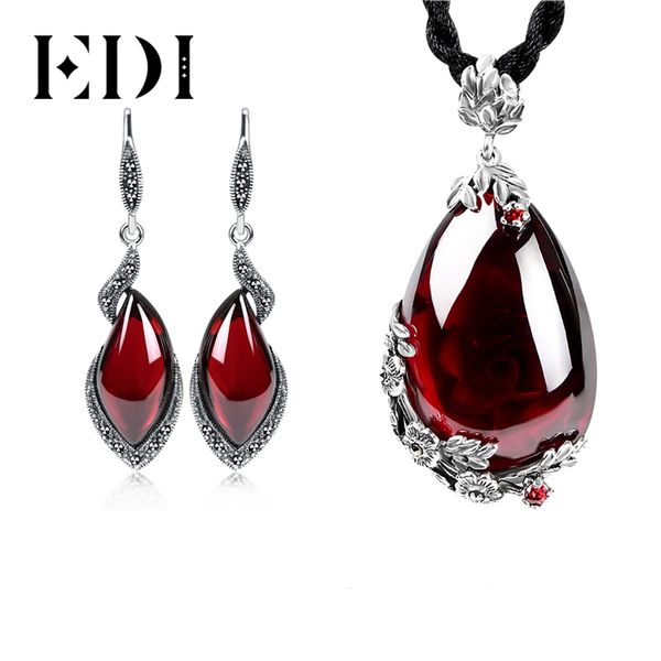 

edi retro vintage garnet pendant necklace and earrings for women gemstone drop earrings 100% 925 sterling silver jewelry sets, Black