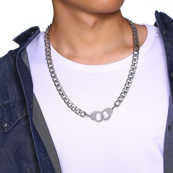 

men handcuff necklace heavy metal jewelry hand cuff necklace stainless steel double handcuff design, Silver