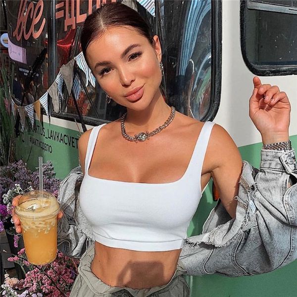 

цвет 2020 база твердый жилет ребристая u воротник небольшой строп женщина, White