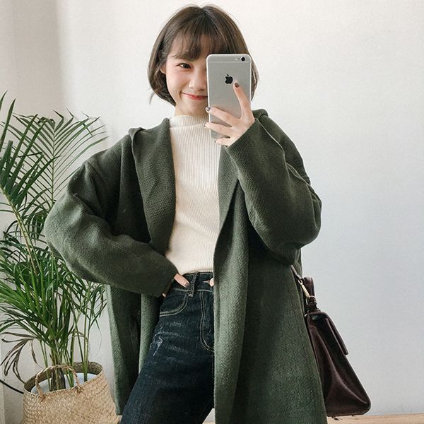 

3 colors 2017 autumn and winter solid color loose thicking cardigans womens knitted sweaters womens with hood (b0891, White