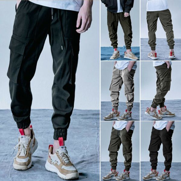 

new fashion men's solid color pockets sport casual gym drawstring slim ankle-tied cargo pants trousers gray/black/army green