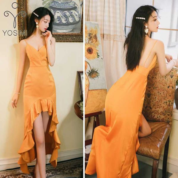 

yosimi ladies party dress mermaid 2020 summer sleeveless backless v-neck dress yellow noble slim trumpet women club, Black;gray