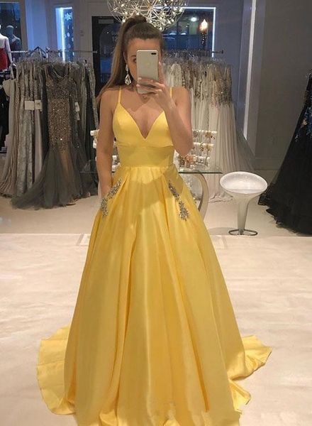 

excellent yellow princess evening dresses with spaghetti straps pockets formal prom gowns satin crystal party pageant dresses 08, Black;red