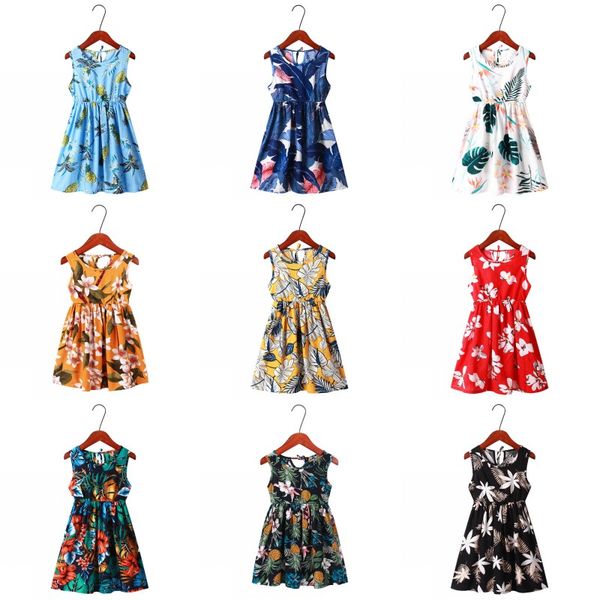 

kids summer floral dress round neck sleeveless beach dress girl casual loose summer boutique beach dresses, Red;yellow
