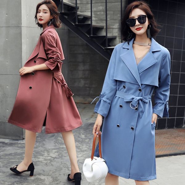 

women long trench coat solid color slim long-sleeved fashion temperament elegant double breasted waist wrist belt windbreaker, Tan;black