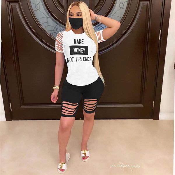 

women summer tracksuit make money not friends letter rippled holes 2pcs shorts set t shirt + biker shorts designer outfit sportswear d61511, Gray