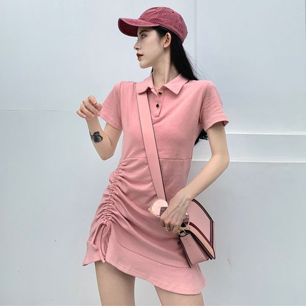 

women summer ruffled drawstring mini dress short sleeve turn down collar solid color ladies preppy vestidos, Black;gray