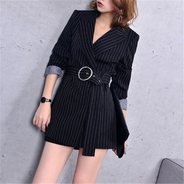 

2019 fashion high-end stripe suit jacket spring autumn coats new belt waist slim casual outerwear women long blazers jacket a369, White;black