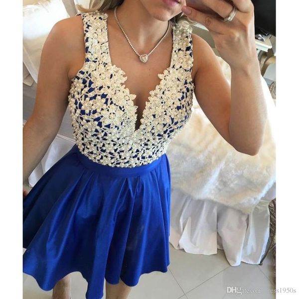 Sexy a buon mercato semplice Breve Royal Blue Blue Abiti da partito Abiti da festa in pizzo Applique raso sopra il ginocchio Dress Formali Vestito corto Abito da ballo Vestidos