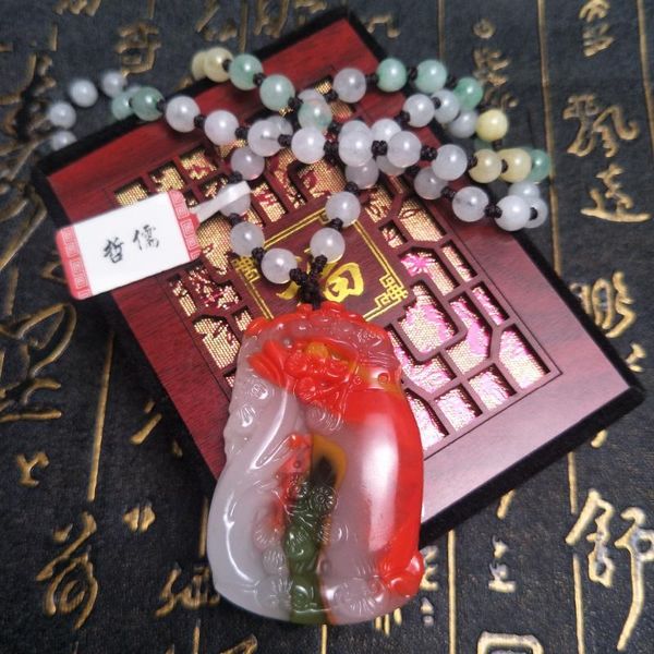 

send a-level national certificate natural colorful jade red pine plum blossom bamboo pendant three-color jade pendant chain, Silver