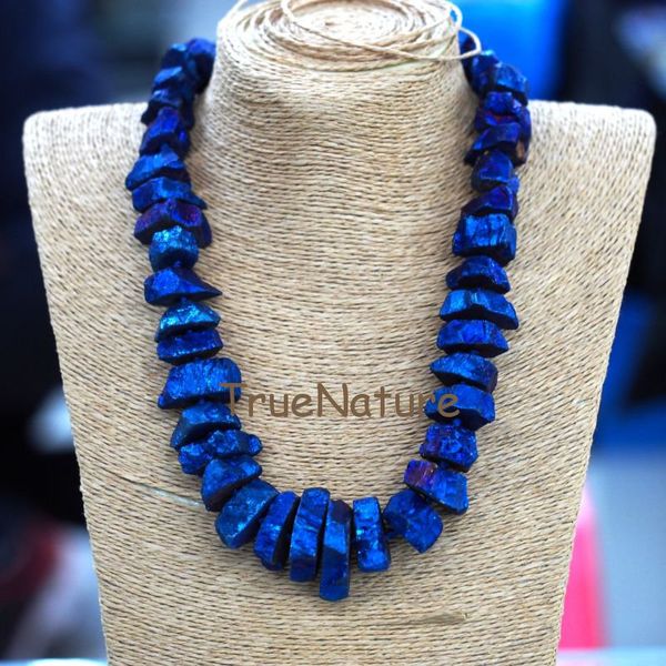 

blue titanium stone necklace, crystal quartz nugget beads necklace, healing stone jewelry for women in 18 inch nm6690, Silver