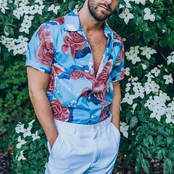 

neck short sleeve floral printed mens designer shirts fashion blue color casual shirts mens lapel, White;black
