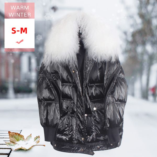 

new fashion women real tibet sheep fur collar detachable female white duck down coat loose thick feather outwear windproof parka, Black