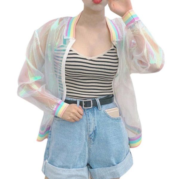 

harajuku summer women jacket laser rainbow symphony hologram women basiccoat clear iridescent transparent bomber jacket sunproof, Black;brown
