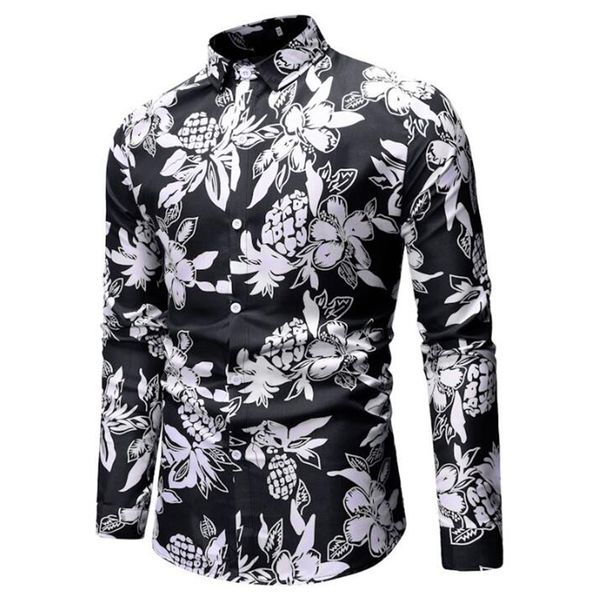 

multicolor flower printed men slim fit shirts hawaiian long sleeve casual social plus size shirts for men fashion, White;black