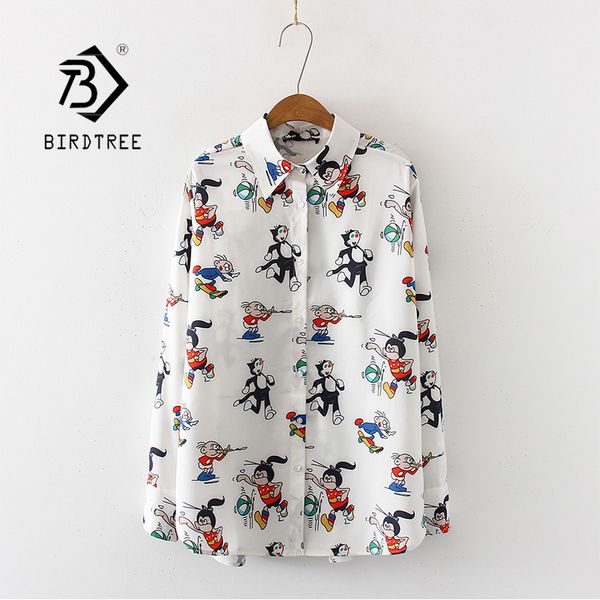 

new arrival cartoon character print oversize turn-down collar chiffon blouse button up casual loose shirt feminina blusa t99006f, White