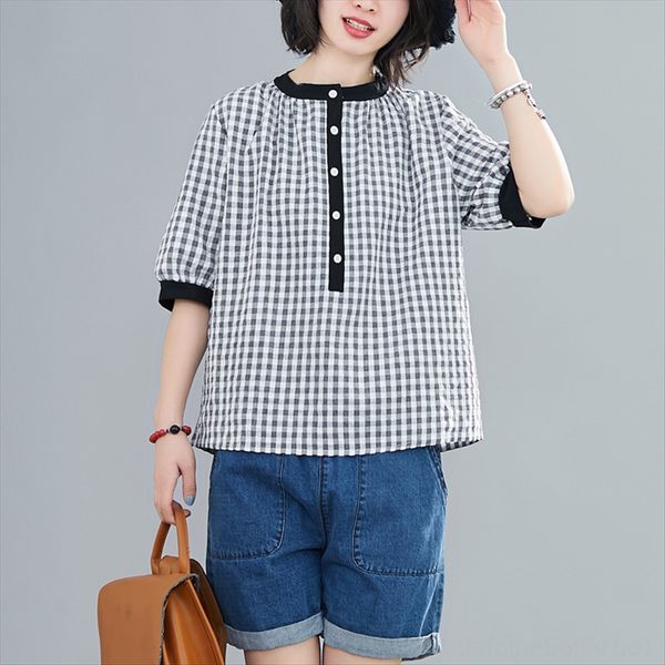 

88# artistic contrast color plaid loose all-match pullover t-shirt women's short pullover sleeve cotton, White