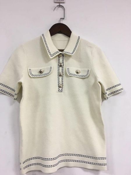 

2020 british style new turndown collar women's knitted sweater short-sleeved pullover shirt with buttons, White;black