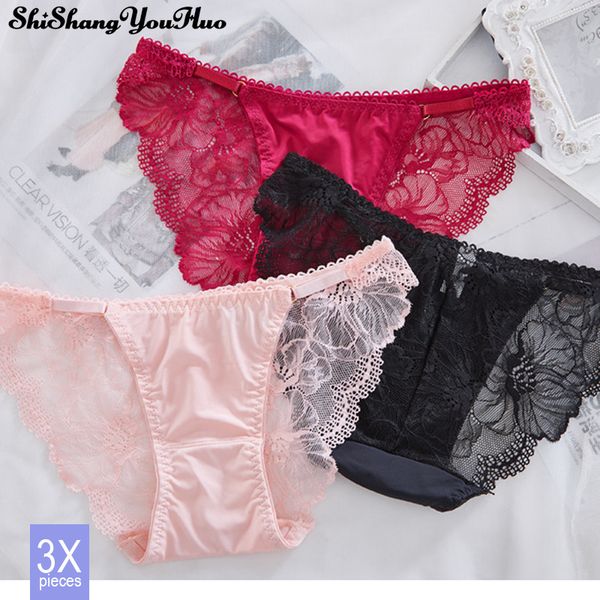 

3pcs/lot ladies satin briefs fashion ice silk panties seamless underwear women low waist lace breathable lady briefs linger, Black;pink