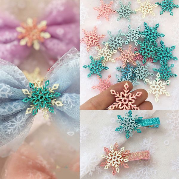 

100pcs sweet color glitter snowflakes diy craft hair accessories supplies handmade hair bows clips headwear applique, Slivery;white