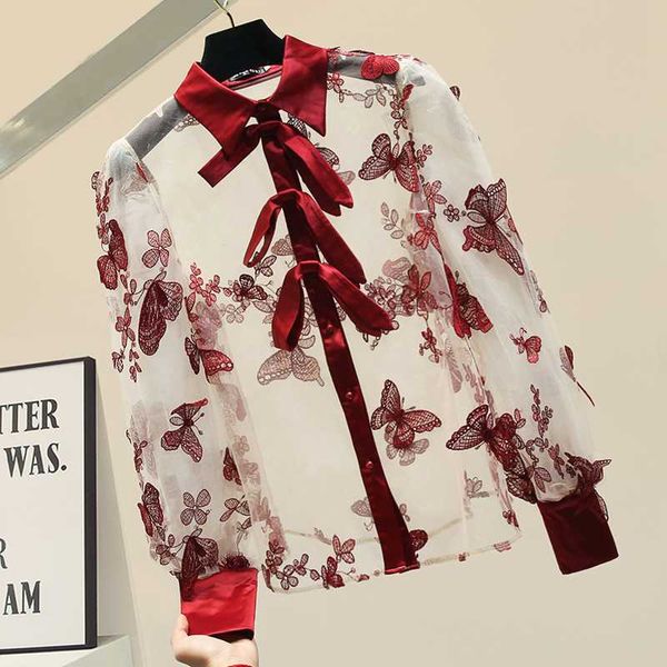 

прозрачная вышитые лук mesh рубашка женской 2020 весна лето нового сексуального отпуск блуза женщина roupas feminina блуза женщина, White