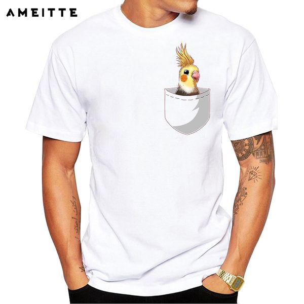 

ameitte 2019 creative pocket design t-shirt men's novelty cockatiel parrot print t shirt summer geek style tees homme, White;black