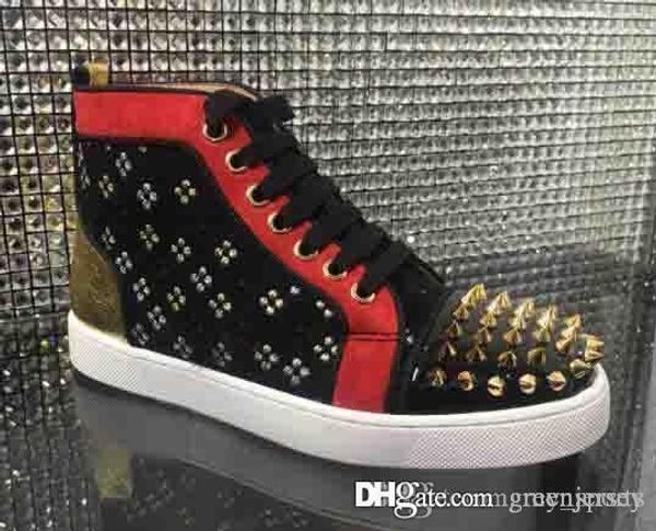

2019 men black embroidery genuine suede leather with spiked embroidery high red bottom sneakers casual shoes men trainers