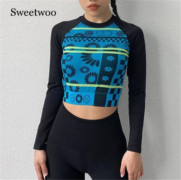 

зима осень теплые бесшовные женщины короткие йога топ тренажерный зал одежда печати растениеводство топы тренировки спортивный костюм женщин, Black;blue