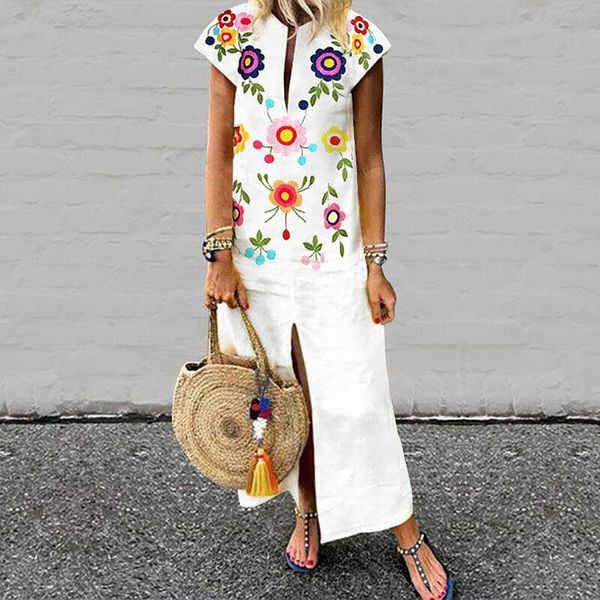 

womens summer maxi dress printed sleeveless v-neck maxi dress hem baggy kaftan long dresses party beach summer dresses 2019 new, Black;gray