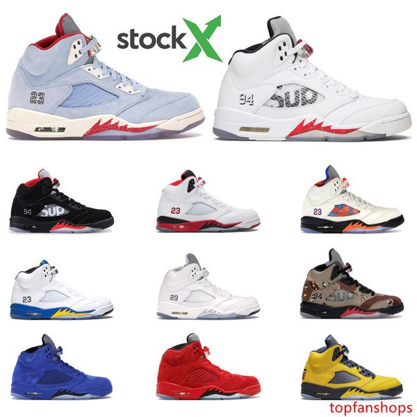 

2020 stock x men basketball shoes 5s black white red suede ice blue laney blue laney white sports sneaker size 7-13