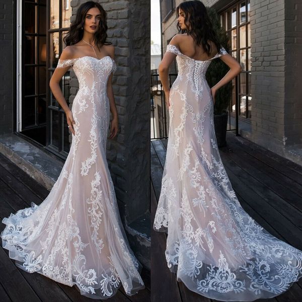 

mermaid wedding dresses off the shoulder illusion appliqued lace bridal gowns sweep train tulle wedding dress, White