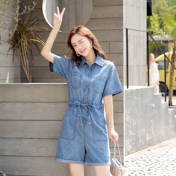 

women casual drawstrings light blue denim playsuits for summer 2020 new short sleeve button pockets short jumpsuits rompers, Black;white