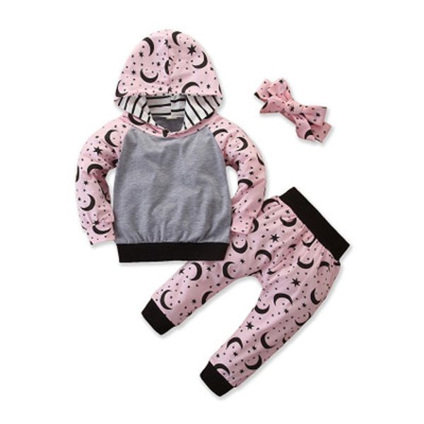 

pink newborn baby girl clothes cute star moon printed hooded pant headband 3pcs/set autumn winter suit children clothing set, White