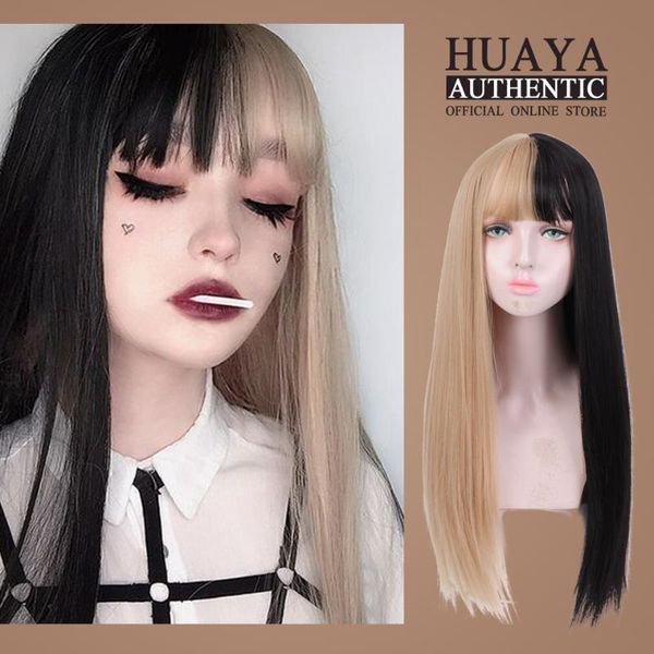 

huaya lolita anime cosplay wig 24 inches with bangs long straight fiber sythetic black white or blonde costumes party wig