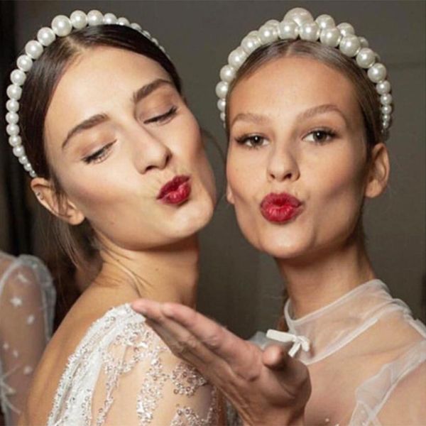 

2019 big pearls hairbands elegant headband women headwear cute bear ear hair hoop bezel for girls hair accessories, Black;brown
