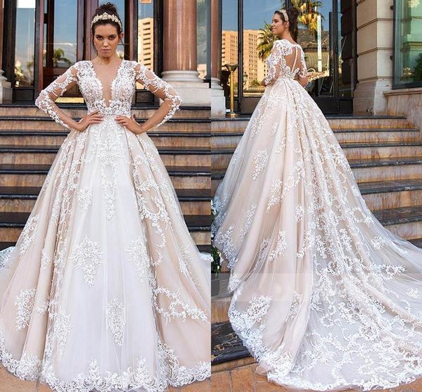 

luxury champagne long sleeves lace appliqued wedding dresses vintage v neck princess plus size bridal gown vestidos de novia, White