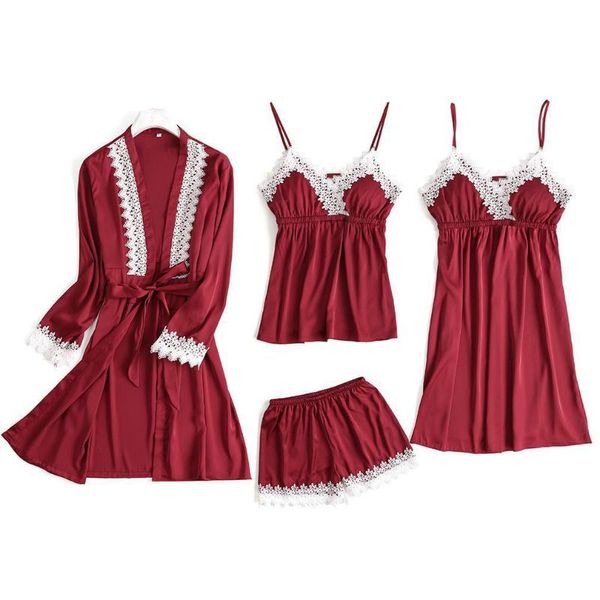 

trim lace pajamas suit 3pcs cami+strap+pant+robe home clothing summer new sleepwear nightgown casual femal sleep set -xl, Blue;gray