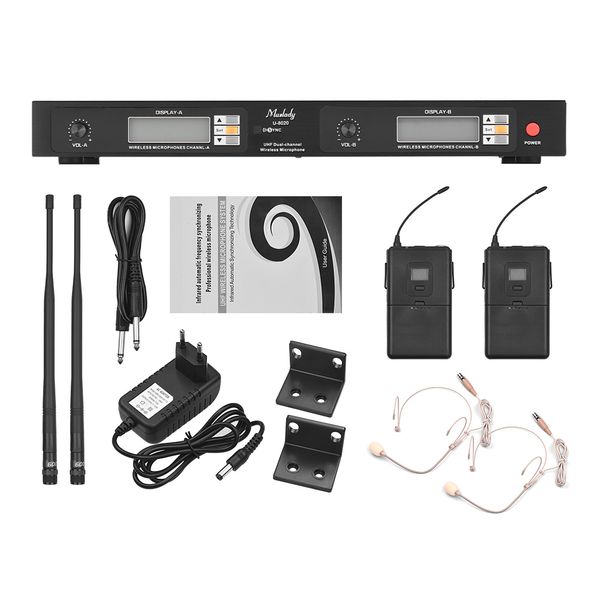 

new muslady u-8020 uhf dual-channel wireless microphone system infrared automatic frequency synchronizing with 2 handheld mics