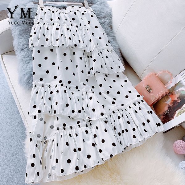

yuoomuoo 2019 high waist flounce festival skirt women summer irregular polka dot skirt ruffles korean style fashion long, Black