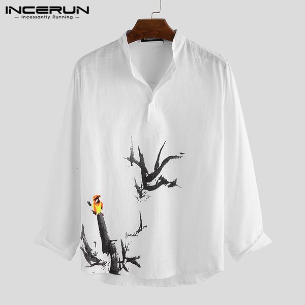 

incerun men vintage shirts cotton chinese style ink painting printed blouse long sleeve casual stand collar brand men shirt 2019, White;black