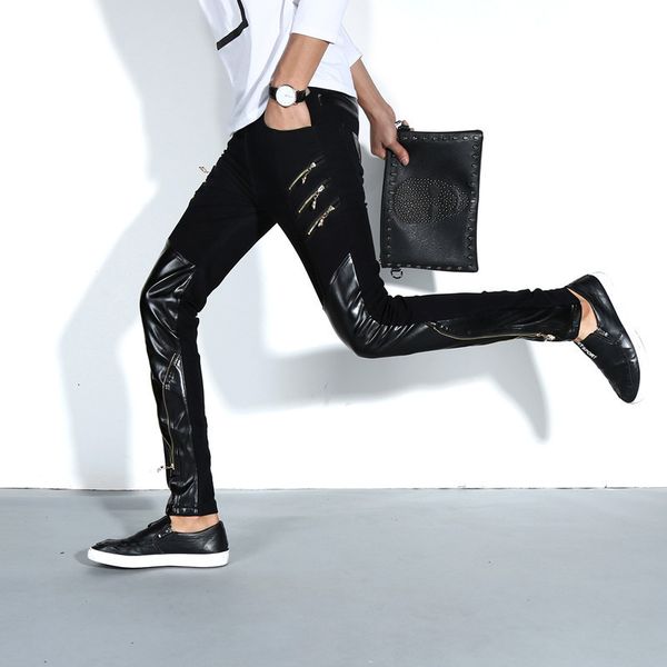 

punk men slim fit trousers motorcycle skinny faux pencil fashion black full length pu leather pants erkek pantolon