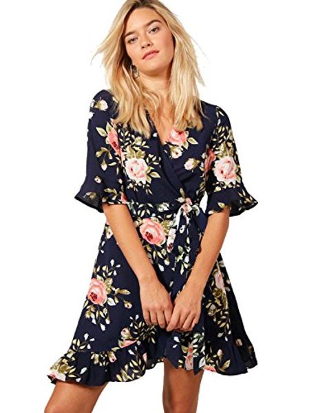 

blooming jelly women's casual peplum dress cross v-neck ruffled sleeve flare asymmetric print float short mini summer dress, Black;gray