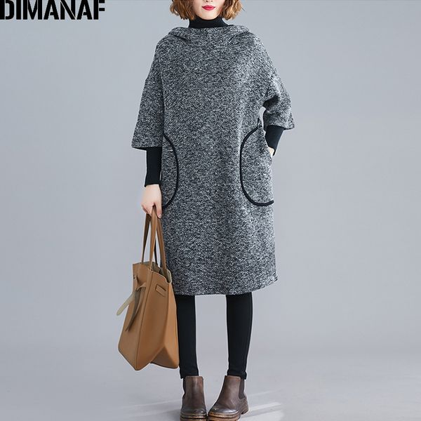 

dimanaf plus size women dress vintage autumn winter thick oversize loose female vestidos casual hooded pockets knee-length dress, Black;gray